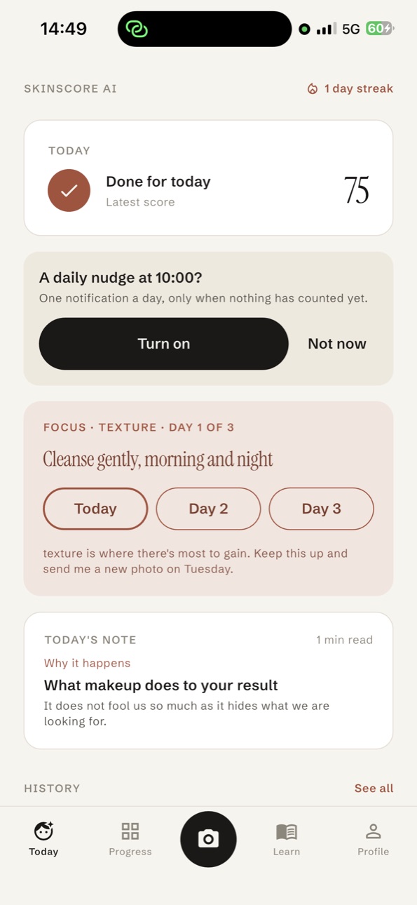 The Today page after a scan: done for today, a daily nudge and the three-day focus plan